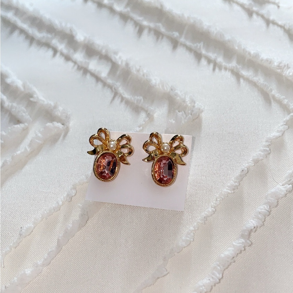 Elegant Gold and Pink Bow Earrings